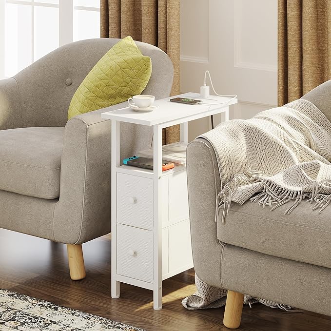 End Table Set 2 with Charging Station, Narrow Side Table with 2 Fabric Drawers, Skinny Nightstand with LED Light, Slim Bedside Table for Bedroom, Living Room, Small Spaces, White