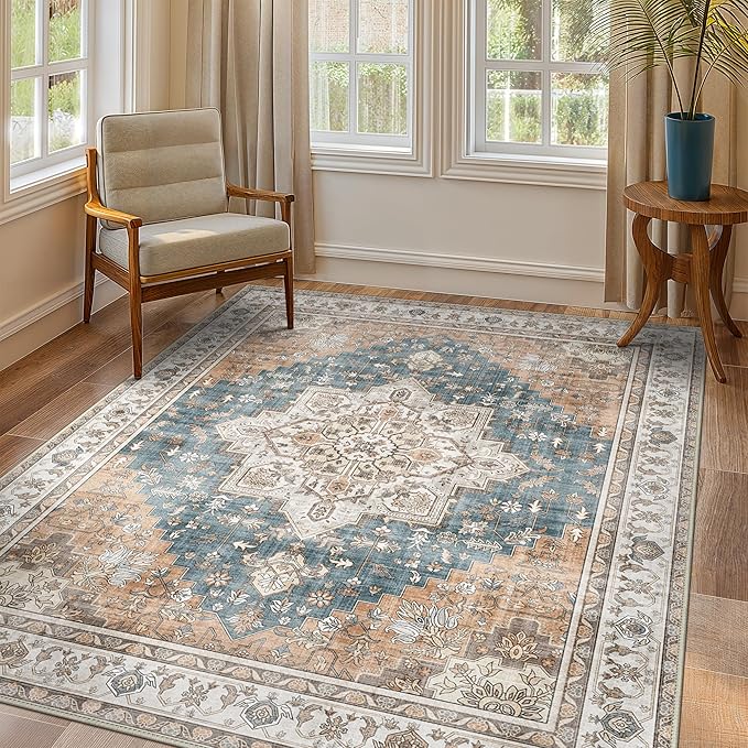 GENIMO 8x10 Area Rugs for Living Room, Machine Washable Non Slip Vintage Retro Rugs, Low Pile Lightweight Chenille Print Rug for Bedroom, Dining Room, Home Office, Blue Brown