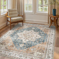 GENIMO 8x10 Area Rugs for Living Room, Machine Washable Non Slip Vintage Retro Rugs, Low Pile Lightweight Chenille Print Rug for Bedroom, Dining Room, Home Office, Blue Brown