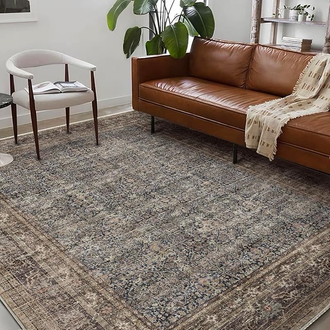 Washable Area Rug 9'x12' Retro Boho Design Non-Shedding Easy Care Ideal for High Traffic Areas in Living Room Bedroom Office Coffee Table Kitchen Large Carpet