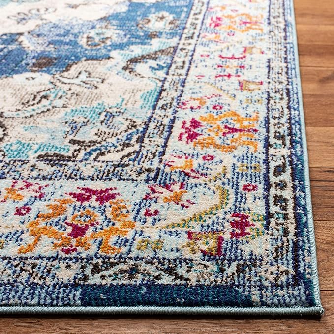 SAFAVIEH Monaco Collection Area Rug - 6'7" x 9'2", Navy & Light Blue, Boho Chic Medallion Distressed Design, Non-Shedding & Easy Care, Ideal for High Traffic Areas in Living Room, Bedroom (MNC243N)