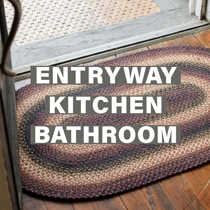 Prescott Oval Braided Rug 20x30 - Black and Burgundy Jute Braided Oval Rug for Kitchen and Entryway
