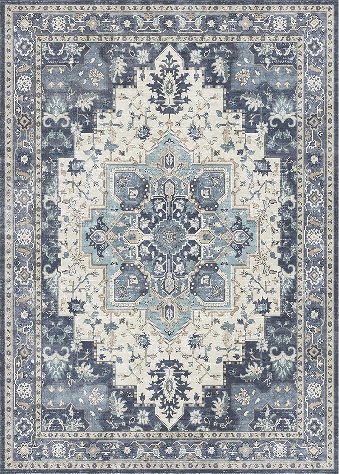 GENIMO 9x12 Area Rugs for Living Room, Machine Washable Non Slip Vintage Rugs, Low Pile Lightweight Chenille Print Rug for Bedroom, Dining Room, Home Office, Center Blue