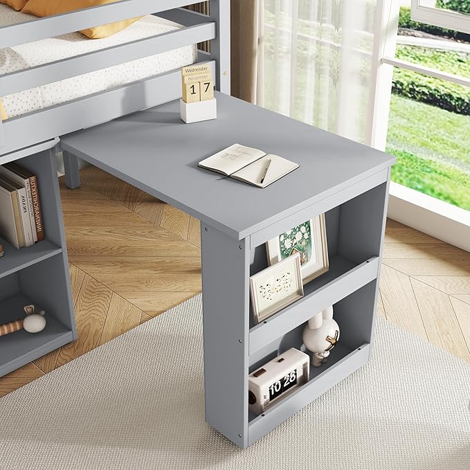 KEIKI Twin Size loft Bed with Pull-Out Desk & Drawers & Open Shelves, Wood Loft Bed with Guardrail, Low Twin Bed for Kids, Grey