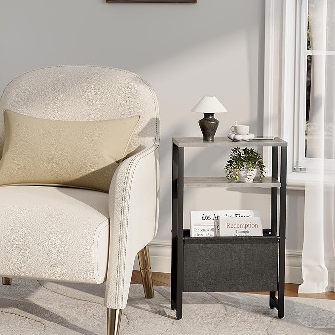 Narrow Side Table, Slim End Table with Magazine Rack, Bedside Table for Small Spaces, 3 Tier Sofa Couch Table Nightstand for Living Room, Bedroom, Oak Grey LET503Q