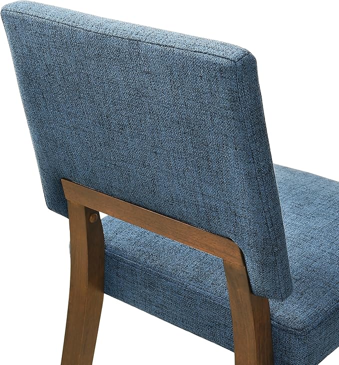 Armen Living Channell Mid Century Modern 6 Piece Walnut Wood Dining Table Set with Bench in Blue Fabric