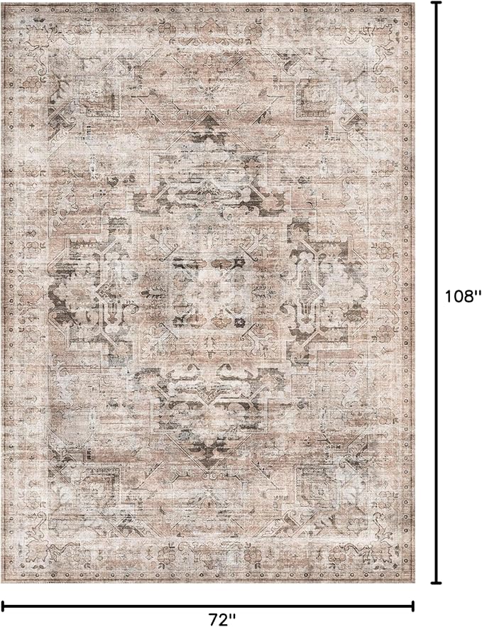 GENIMO 6x9 Area Rugs for Living Room, Machine Washable Non Slip Vintage Retro Rugs, Low Pile Lightweight Thin Print Rug for Bedroom, Dining Room, Home Office, Brownishi Drab