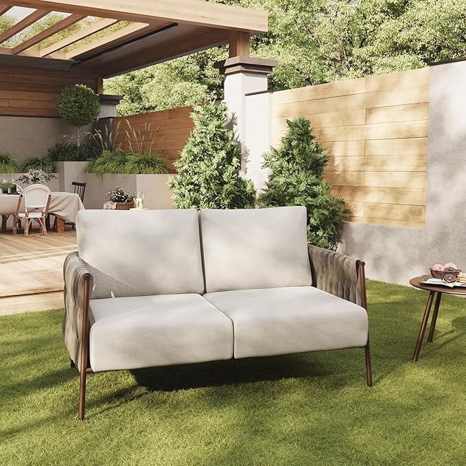 EAST OAK Life Chatter Loveseat, Outdoor Furniture, Deep Seating for Garden, Balcony, Backyard, Chestnut Brown & Creamy Apricot