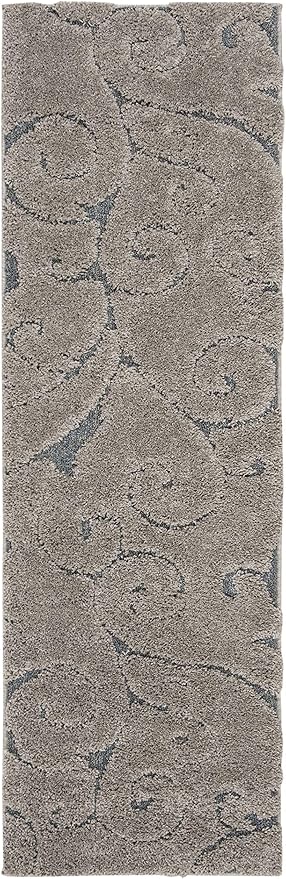 SAFAVIEH Florida Shag Collection Runner Rug - 2'3" x 17', Grey & Light Blue, Scroll Design, Non-Shedding & Easy Care, 1.2-inch Thick Ideal for High Traffic Areas in Living Room, Bedroom (SG455-1160)