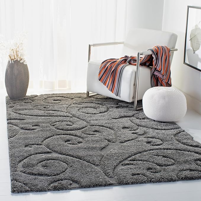 SAFAVIEH Florida Shag Collection Area Rug - 6' x 9', Grey, Scroll Design, Non-Shedding & Easy Care, 1.2-inch Thick Ideal for High Traffic Areas in Living Room, Bedroom (SG455-8013)
