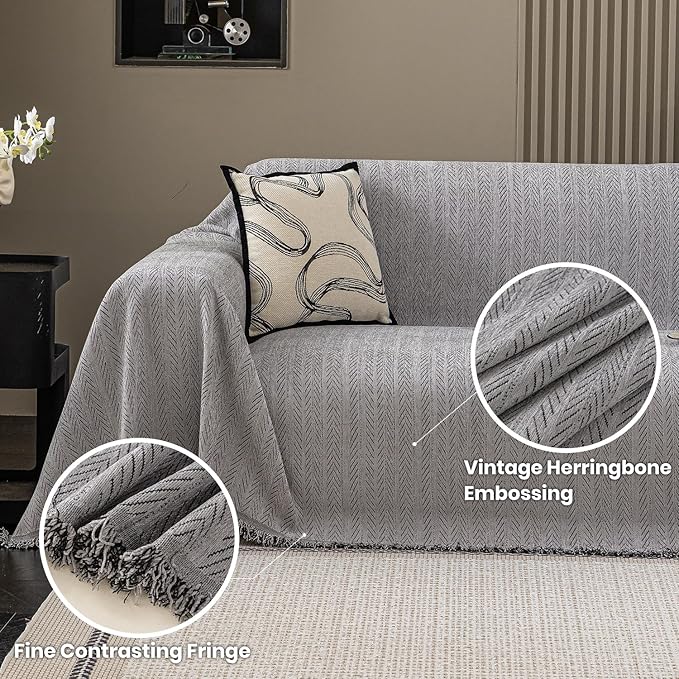 Nobildonna Sofa Cover Washable Soft Thicken Chenille Couch Cover with Tassel,Waterproof Sofa Slipcover for 3-4 Cushion Couch,Sectional Sofa,L-Shaped Furniture Protector Pet-Friendly,Gray 71"x150"