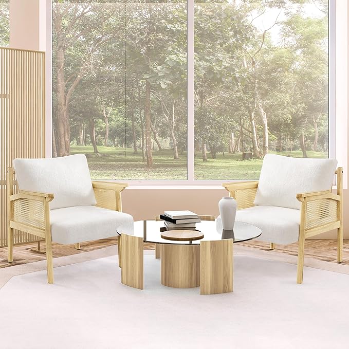 Yaheetech Accent Boucle Vanity Chair with Rattan Back Arms, Mid Century Upholstered Living Room Lounge Chair Bedroom Balcony White 2 PCS