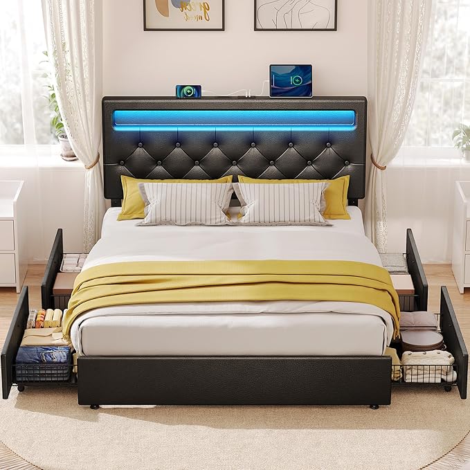 Rolanstar Full Size Bed Frame with 4 Storage Drawers and Charging Station, Full Bed with Led Lights, 2 USB & 1 Type C, Adjustable Headboard 38.9/40.8 Inches, No Box Spring Needed, Black