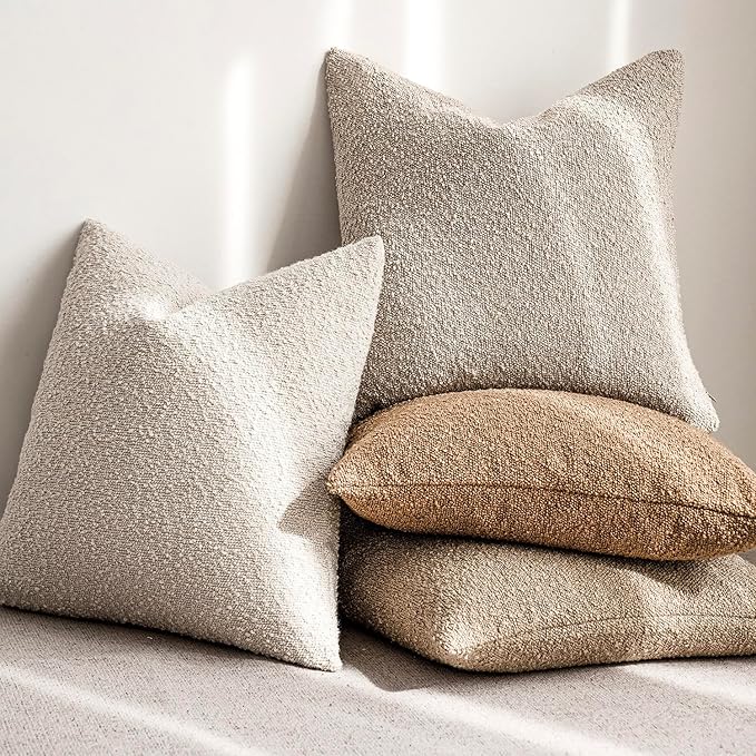 Foindtower Set of 2, Decorative Textured Boucle Throw Pillow Covers Accent Solid Pillow Cases Neutral Cozy Couch Cushion Case for Chair Sofa Bedroom Living Room Home Decor 24 x 24 Inch Ivory Beige