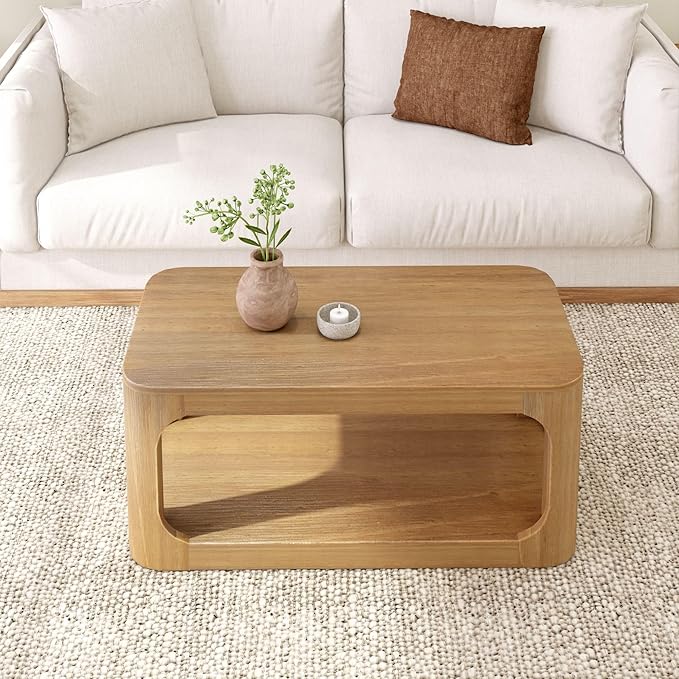 Plank+Beam Small Forma Coffee Table, Solid Wood 40 Inch Modern Coffee Table with Shelf, Contemporary Center Table with Storage Space, Rectangle Tea Table with Storage, Pecan