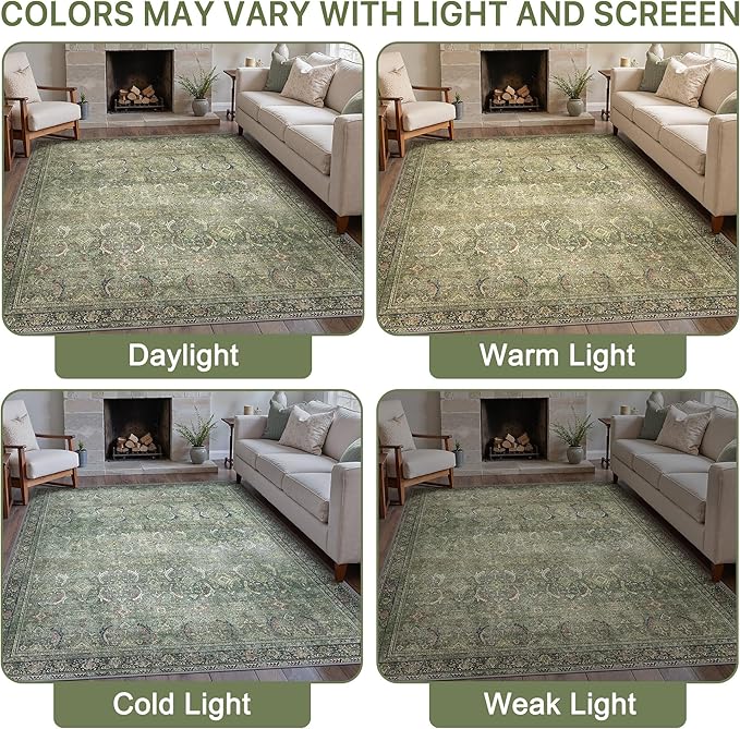 5X7 Area Rugs Machine Washable Rugs for Living Room, Vintage Boho Large Rugs for Bedroom Dining Room, Non Slip Indoor Soft Distressed Lightweight Thin Low Pile Carpet, Green
