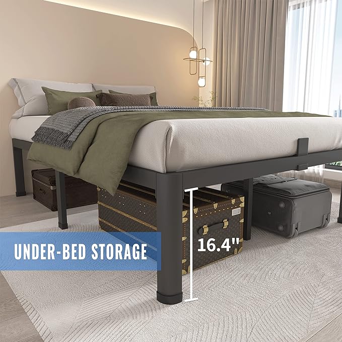MAF 18 Inch Queen Bed Frames with Round Corner Legs Mattress Slide Stopper No Box Spring Needed Heavy Duty Metal Platform Bed Frame Under-Bed Storage Space, 3000 LBS Steel Slats Support