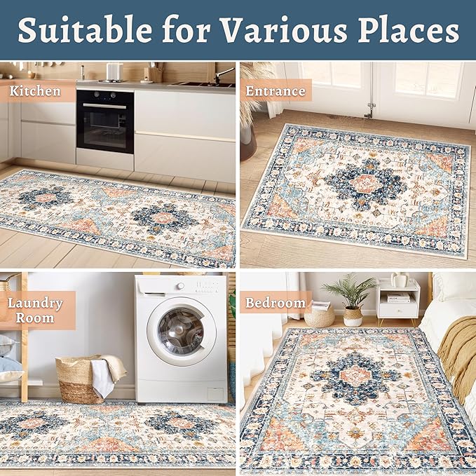 Tangsoo 3x5 Rug for Bedroom, Washable Vintage Rugs Indoor, Non Slip Accent Rug, Print Distressed Blue/Beige Carpet, Soft Low Pile for Living Room Dorm Bedroom Bedside Entryway Bathroom