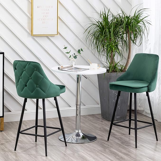 BTEXPERT Set of 2 Pack, Premium upholstered Dining 25" High Back Stool Bar Chairs, Green Velvet Tuftet Diamond Back