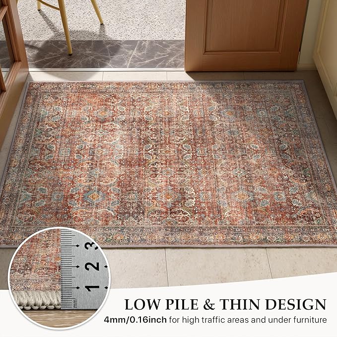 GENIMO 4x6 Area Rugs for Living Room, Machine Washable Non Slip Vintage Rugs, Low Pile Lightweight Chenille Print Rug for Bedroom, Dining Room, Home Office, Terracotta Indigo