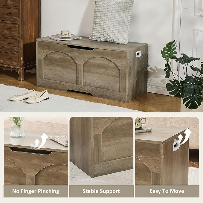 Storage Chest Bench, 31.5" Retro Storage Trunk Chest, Entryway Bench Supports 330 lb, Upgraded Safety Lift Support Hinge, Entryway Bench, U-Shaped Opening for Entryway Living Room, Greige