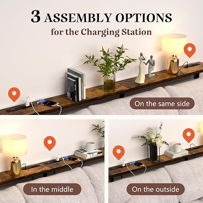 GRLEAF 63" Narrow Console Sofa Table with Built-in Power Strip (4 AC Outlets & 4 USB Ports) – 4.9ft Power Cord, Metal Frame, Easy Assembly, Ideal for Behind Couch, Hallway, and Office | Rustic Brown