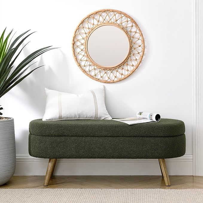 Oval Storage Bench 43.5" Linen Fabric Upholstered Entryway Bench with Solid Wood Legs Ottoman Bench Indoor Bench for Living Room/Bedroom/End of Bed/Entryway (Dark Green)