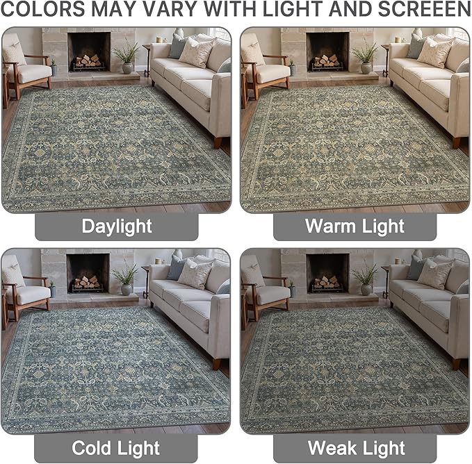 8X10 Area Rugs Machine Washable Rugs for Living Room, Vintage Boho Large Rugs for Bedroom Dining Room, Non Slip Indoor Soft Distressed Lightweight Thin Low Pile Carpet, Deep