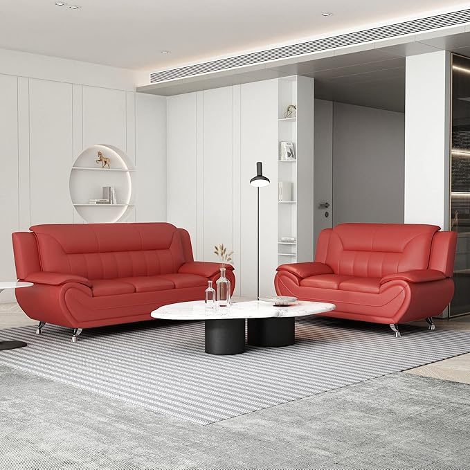Container Furniture Direct Michael Modern Faux Leather Upholstered Stainless Steel Legs Living Room Sofa, Loveseat, Red