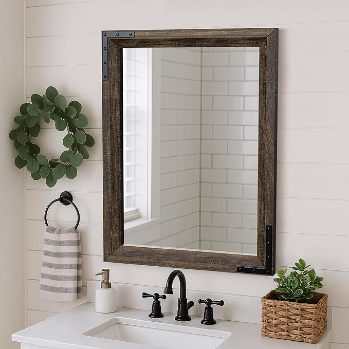 YOSHOOT Farmhouse Bathroom Mirror, Rustic Wooden Framed Mirror, Wood Vanity Mirror, Solid Wood & Handmade, Vertical or Horizontal Hanging for Bathroom Entryway Living Room Bedroom, 40" x 30", Brown