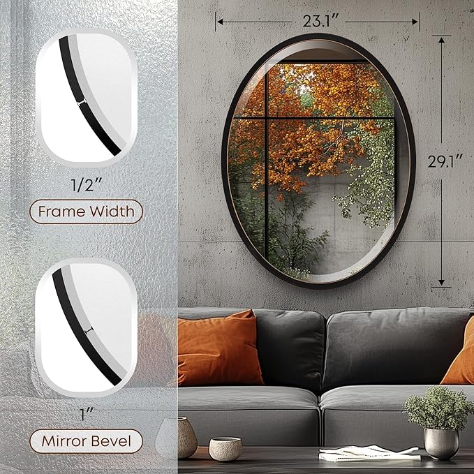 OVALCREST - Oval Wooden Beveled Wall Mirror for Home Decor, Bathroom, Vanity, Bedroom, Living Room, Hallway - London Style (Rubbed Black) 23.1 x 29.1