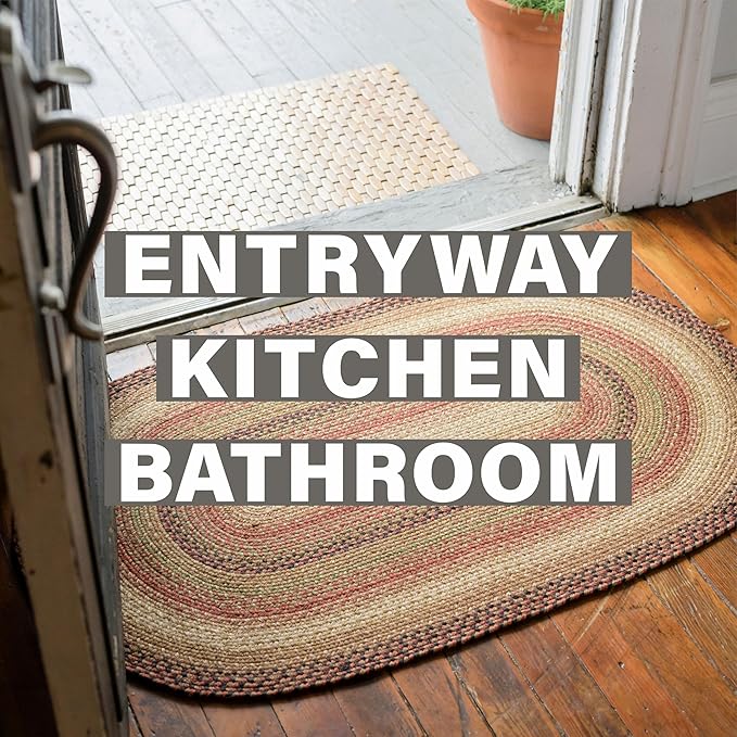 Homespice Gingerbread Jute Braided Rug 27x45in Oval Brown-Red-Black Natural Jute Rug. Uses- Indoor Entryway, Kitchen Rug, Bedroom Doorway Reversible, Rustic, Country, Primitive, Farmhouse Decor
