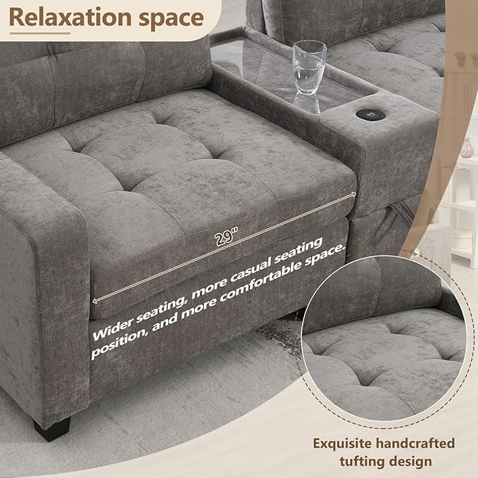 Merax 6 Seater Chenille Sectional Couches with 2 Acrylic Table Top Consoles, Upholstered Modular Tufted Sofa Chaise with Ottoman, Storage Drawers, Pockets, USB Charger & Cup Holders for Living Room