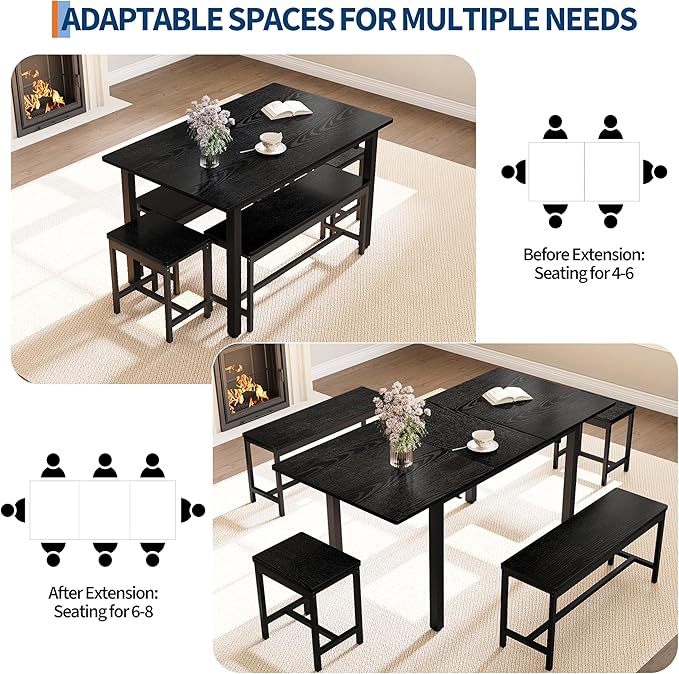 Garvee 5 PCs Extendable Dining Table Set for 4-8 People, 63 Inch Kitchen Table with 2 Benches & 2 Stools, Modern Dining Room Furniture, Easy Assembly Metal Frame