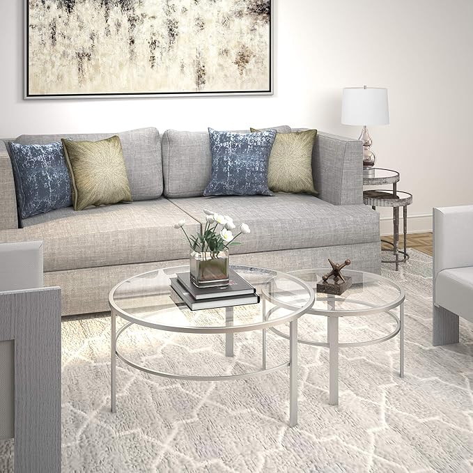 Henn&Hart Round Nested Coffee Table in Satin Nickel, Modern coffee tables for living room, studio apartment essentials, 36" Wide