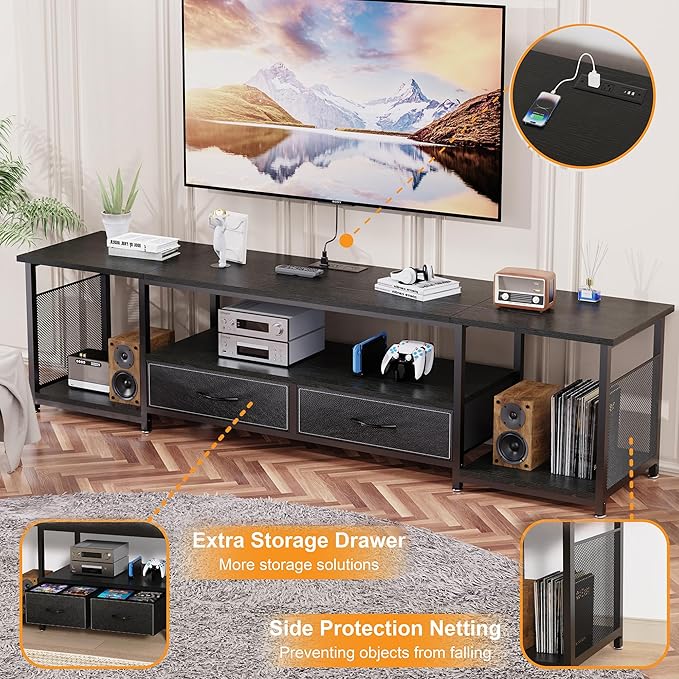 TV Stand with Drawers and Power Outlets for 75 70 65 Inch TV, Entertainment Center with Open Storage Shelves, Industrial Media TV Console Table for Living Room Bedroom Office, Black