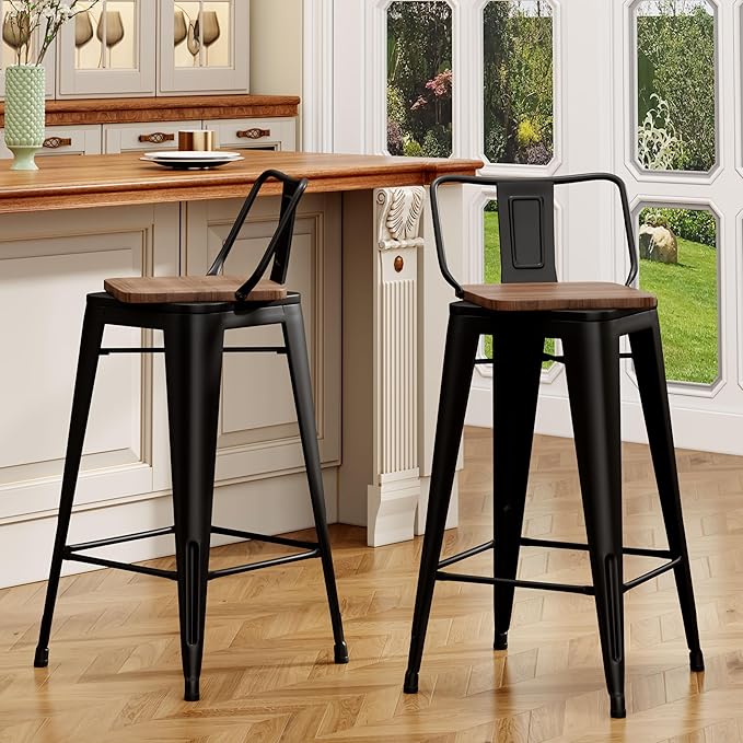24 Inch Swivel Bar Stools Set of 2 with Backs Counter Height Industrial Metal Barstools Island Bar Chairs for Home Kitchen Dining Room (Swivel 24 inch,Matte Black Wooden)
