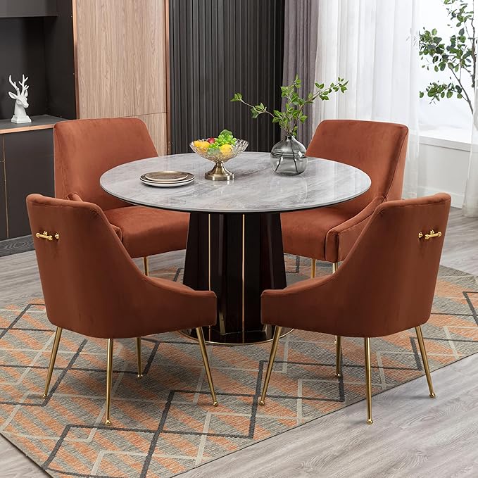 Modern Velvet Dining Chairs Set of 2, Contemporary Upholstered Furniture Collection with Polished Gold Metal Legs, Elegant Accent Chairs for Kitchen Living Room(Brown)