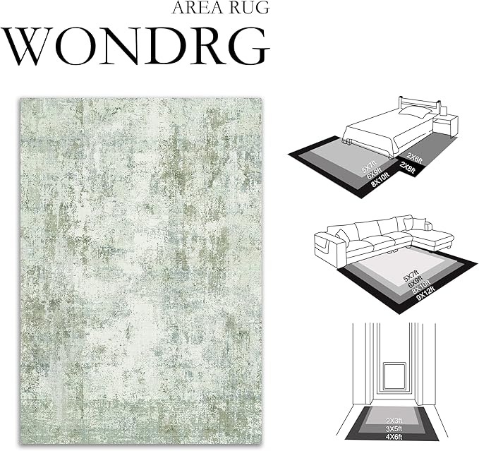 9x12Washable Area Rug Green Modern Neutral Abstract Living Room Bedroom Indoor Floor Carpet Low Pile Soft Non-Slip Lightweight Vacuumable Large Throw Rug for Nursery Dining Room