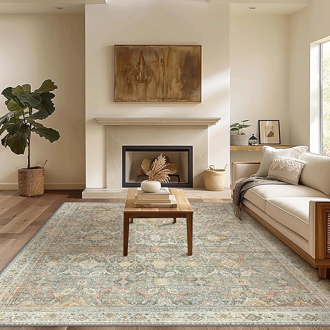 9X12 Area Rugs Machine Washable Rugs for Living Room, Vintage Boho Large Rugs for Bedroom Dining Room, Non Slip Indoor Soft Distressed Lightweight Thin Low Pile Carpet, Turmeric