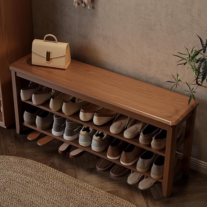 Wood Shoe Rack Bench for Entryway, 2 Tier Shoe Rack for Front Door Entrance, Shoe Bench with Shoe Storage for Entryway, Bedroom, 47.2"