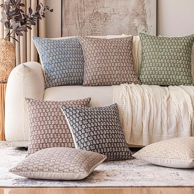 Foindtower Set of 2 Decorative Vintage Floral Print Throw Pillow Covers Neutral Modern Farmhouse Cushion Covers Boho Home Decor for Sofa Couch Chair Bedroom Living Room Outdoor,24×24 Inch,Sage Green