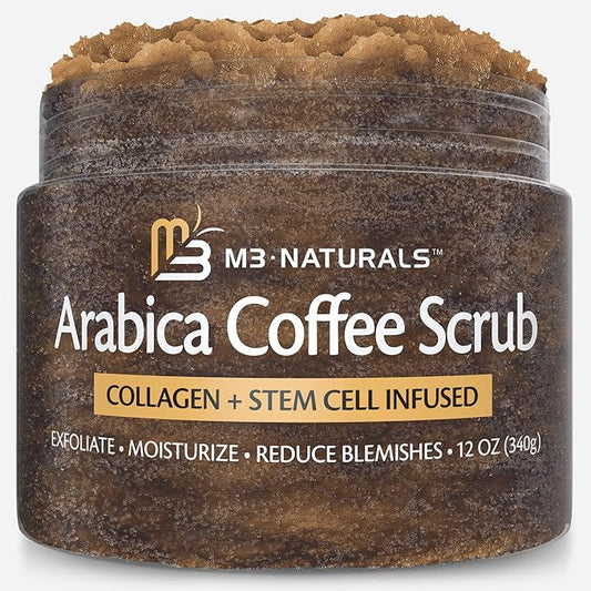 Arabica Coffee Scrub for Hands, Feet, and Body, Exfoliating Scrub with Collagen and Stem Cells, Face Cleanser for Cellulite, Fine Lines, and Stretch Marks, 12oz (1 Pack) by M3