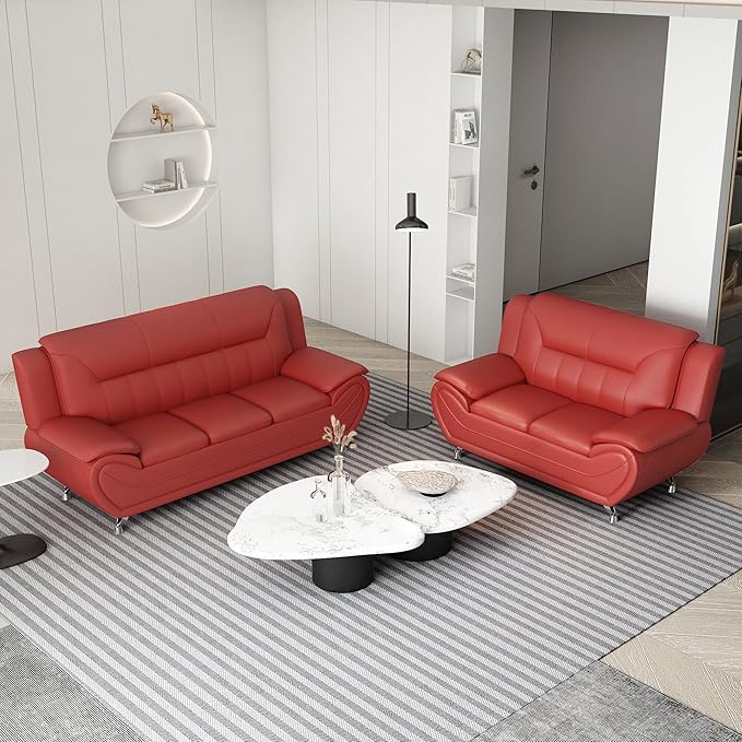 Container Furniture Direct Michael Modern Faux Leather Upholstered Stainless Steel Legs Living Room Sofa, Loveseat, Red
