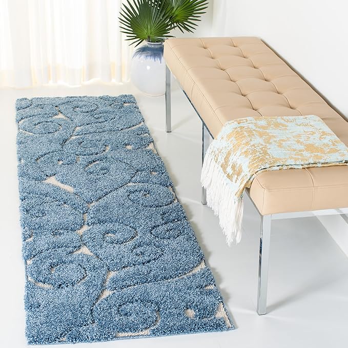 SAFAVIEH Florida Shag Collection Runner Rug - 2'3" x 7', Light Blue & Cream, Scroll Design, Non-Shedding & Easy Care, 1.2-inch Thick Ideal for High Traffic Areas in Living Room, Bedroom (SG455-6011)