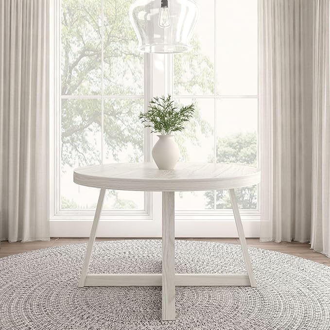 Plank+Beam Round Dining Table, 47 Inch Solid Wood Kitchen Table, Farmhouse Round Table for 4, Small Dinette Table, White Sand Wirebrush
