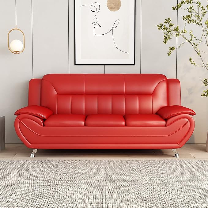 Container Furniture Direct Michael Modern Faux Leather Upholstered Stainless Steel Legs Living Room Sofa, Loveseat, Red