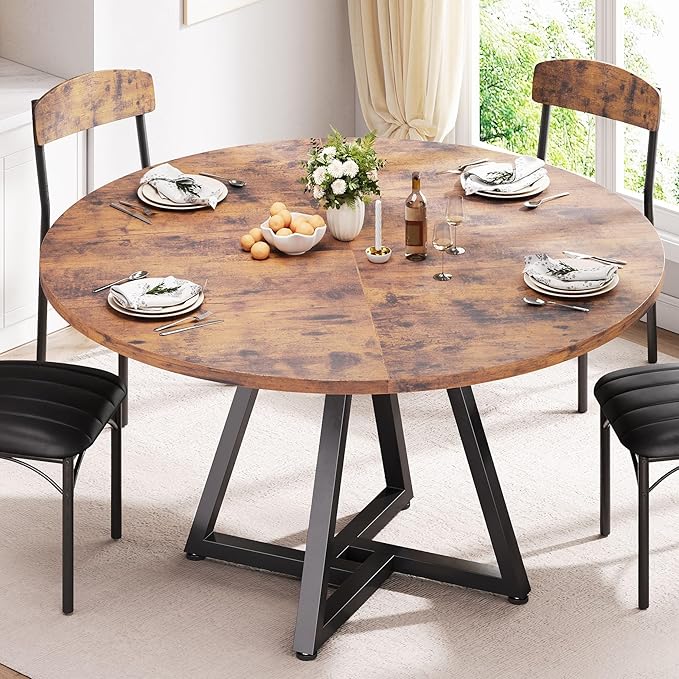 42“ Round Kitchen Dining Room Table for 2-4, Circle Dining Dinner Table with Pedestal Metal Frame, Space Saving Wood Industrial Furniture for Small Space (Rustic Brown, 42IN)
