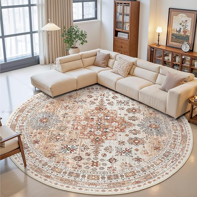zesthome 9ft Round Rugs for Living Room, Non-Slip Washable Round Area Rugs, Ultra-Thin Large Circle Rugs, Soft Low Pile Rug for Bedroom, Kitchen - Vintage Stain Resistant Round Rug (Orange,9'x9')