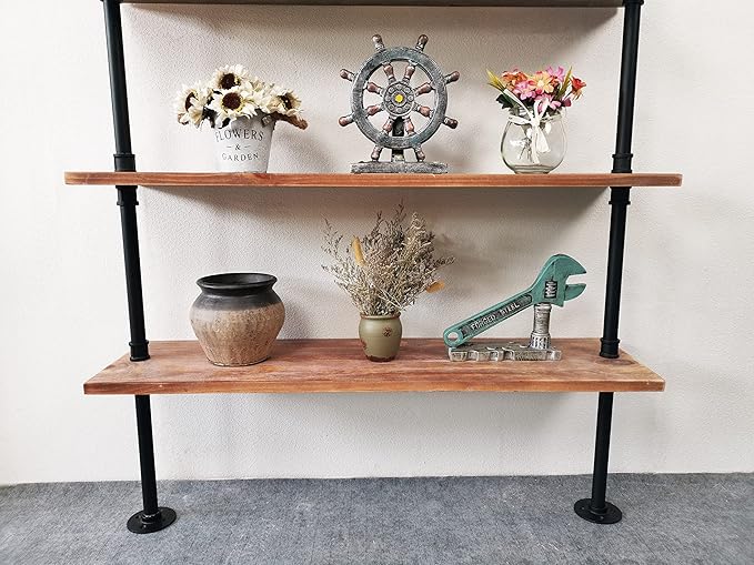 7 Tier Industrial Wall Mounted Ladder Shelf Bookcase, Rustic Wood Metal Pipe Industrial Shelves for Living Room Decor and Storage (Weathered Brown, 7 Tier - 10" D x 36" W x 95.5" H)